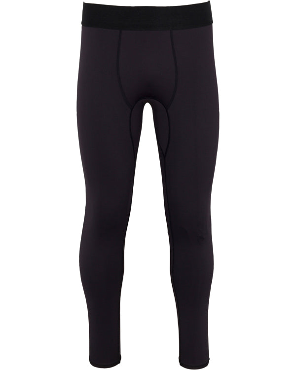 The Wringer Wear Men’s Core Compression Pant is a black, three-quarter length workout pant with a fitted waistband and visible stitching, crafted from moisture-wicking fabric and shown against a plain white background.