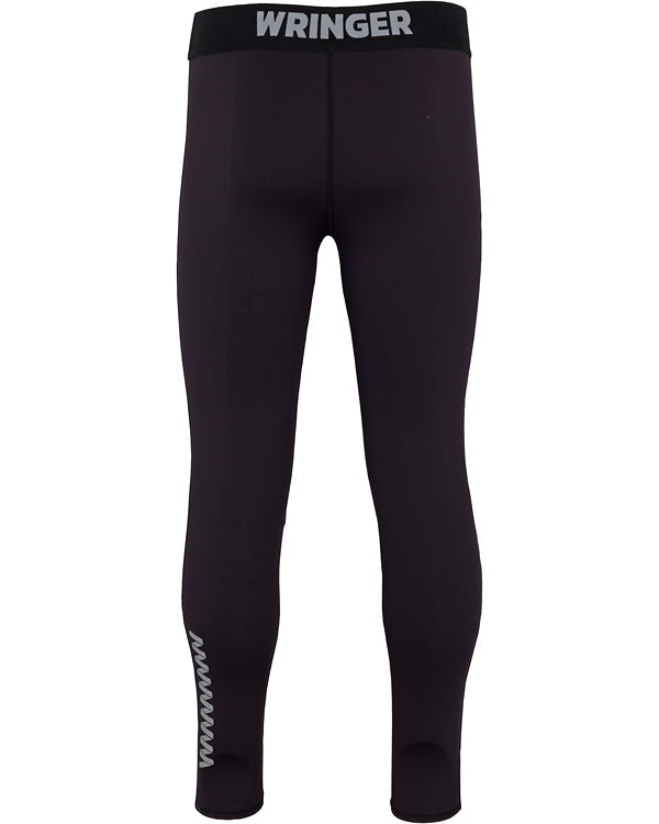The Men’s Core Compression Pant by Wringer Wear is a pair of black men’s workout leggings with a fitted, seamless design, moisture-wicking fabric, a black waistband with WRINGER in white, and a wavy graphic on the lower left leg.