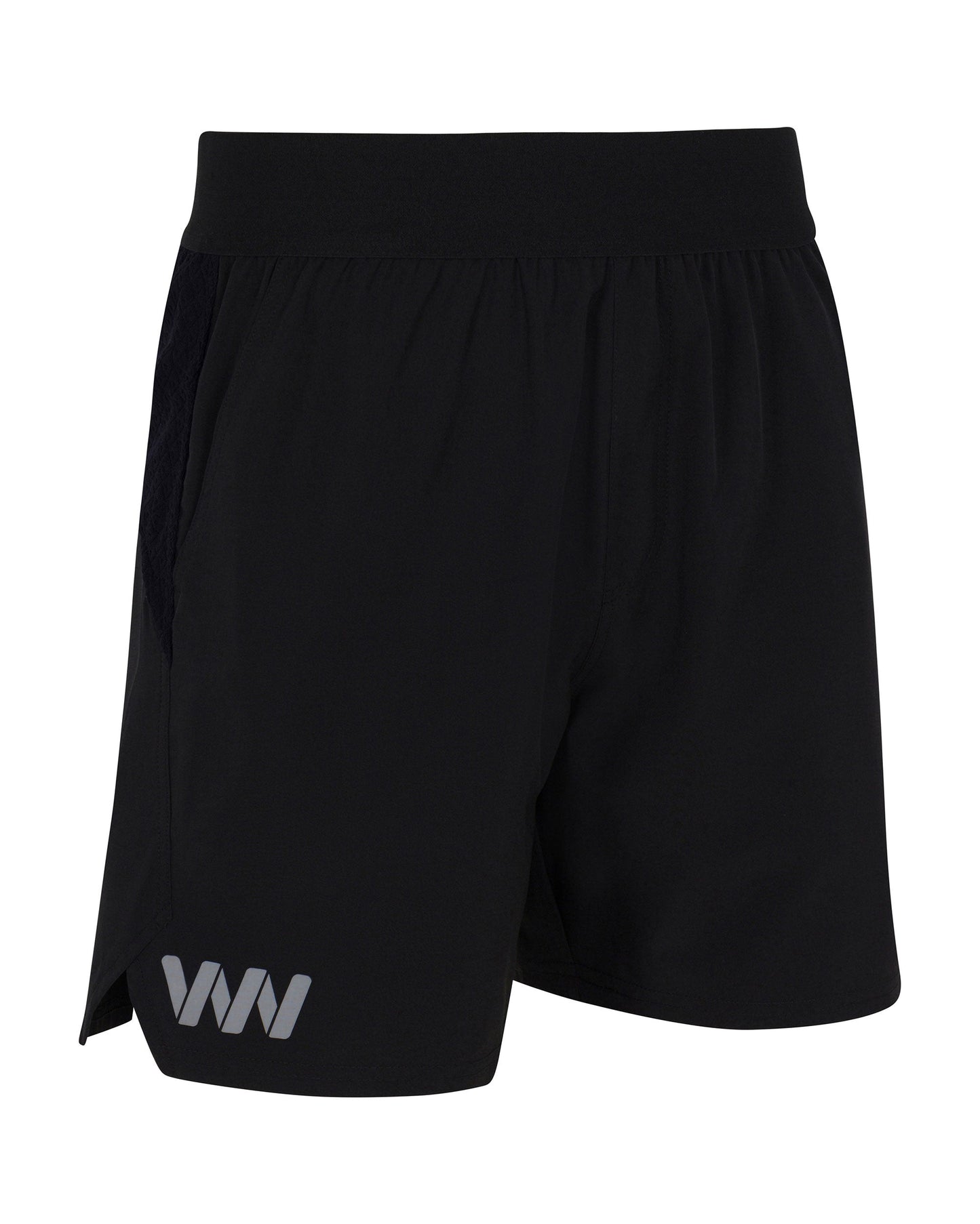 The Mesa Performance Shorts 6" Linerless by Wringer Wear are lightweight, moisture-wicking black shorts with an elastic waistband and a silver geometric “WN” logo—perfect for workouts or as modern, comfortable pickleball shorts.