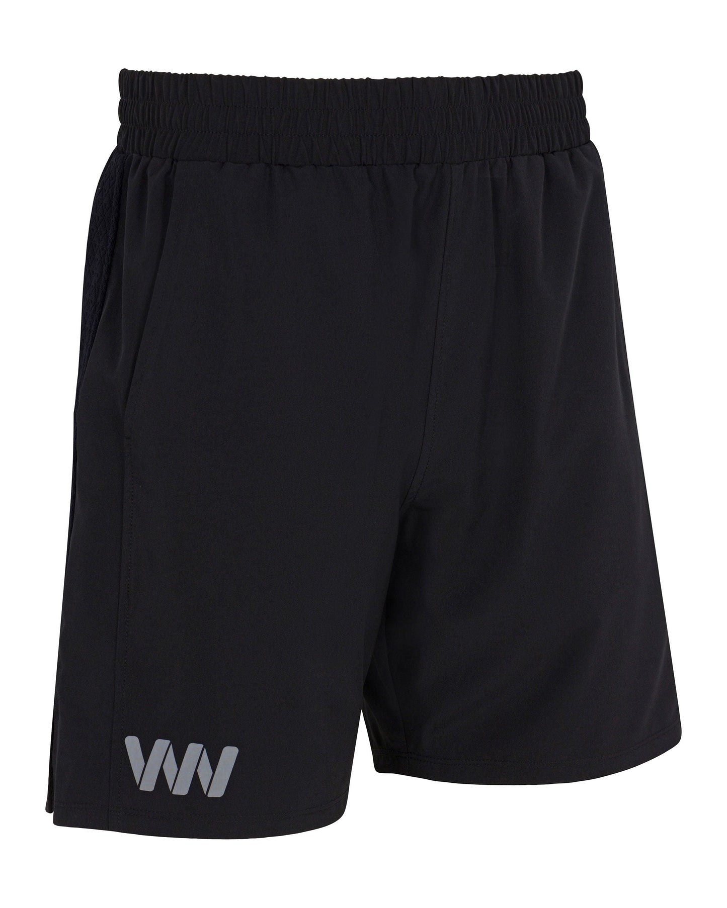 The Bryce Performance Shorts 7" Linerless by Wringer Wear are black men’s athletic shorts featuring an elastic waistband, reflective WW logo on the left leg, no visible pockets or drawstring, and lightweight, moisture-wicking fabric.