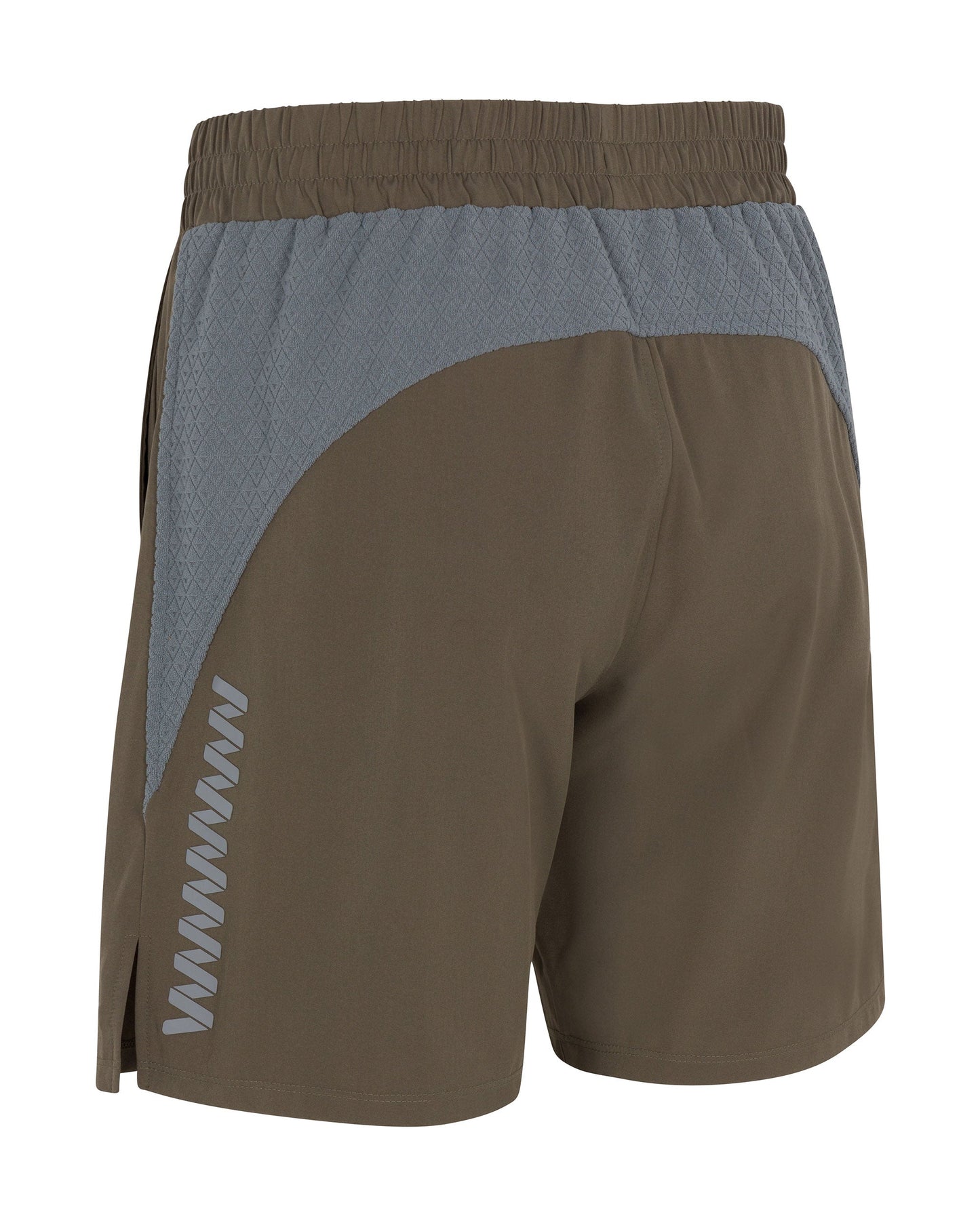 The Bryce Performance Shorts 7" Linerless by Wringer Wear are shown from the back, featuring an elastic waistband, olive green color with a textured gray panel, and light gray zigzag stripes near the hem for a sporty look.