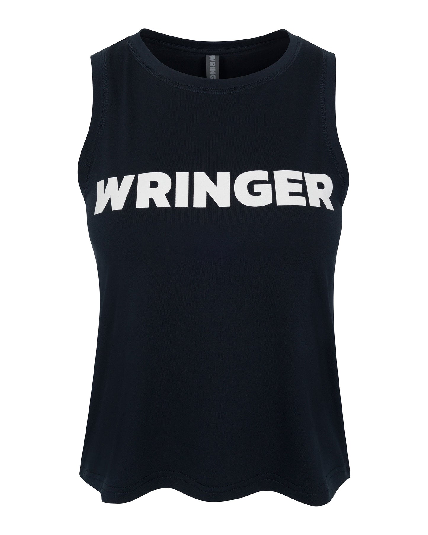 The Women's Performance Wringer Tank by Wringer Wear is a sleeveless black top with "WRINGER" in bold white letters across the chest. Made of breathable fabric, it features a round neck and slightly flared hem for comfort and style.