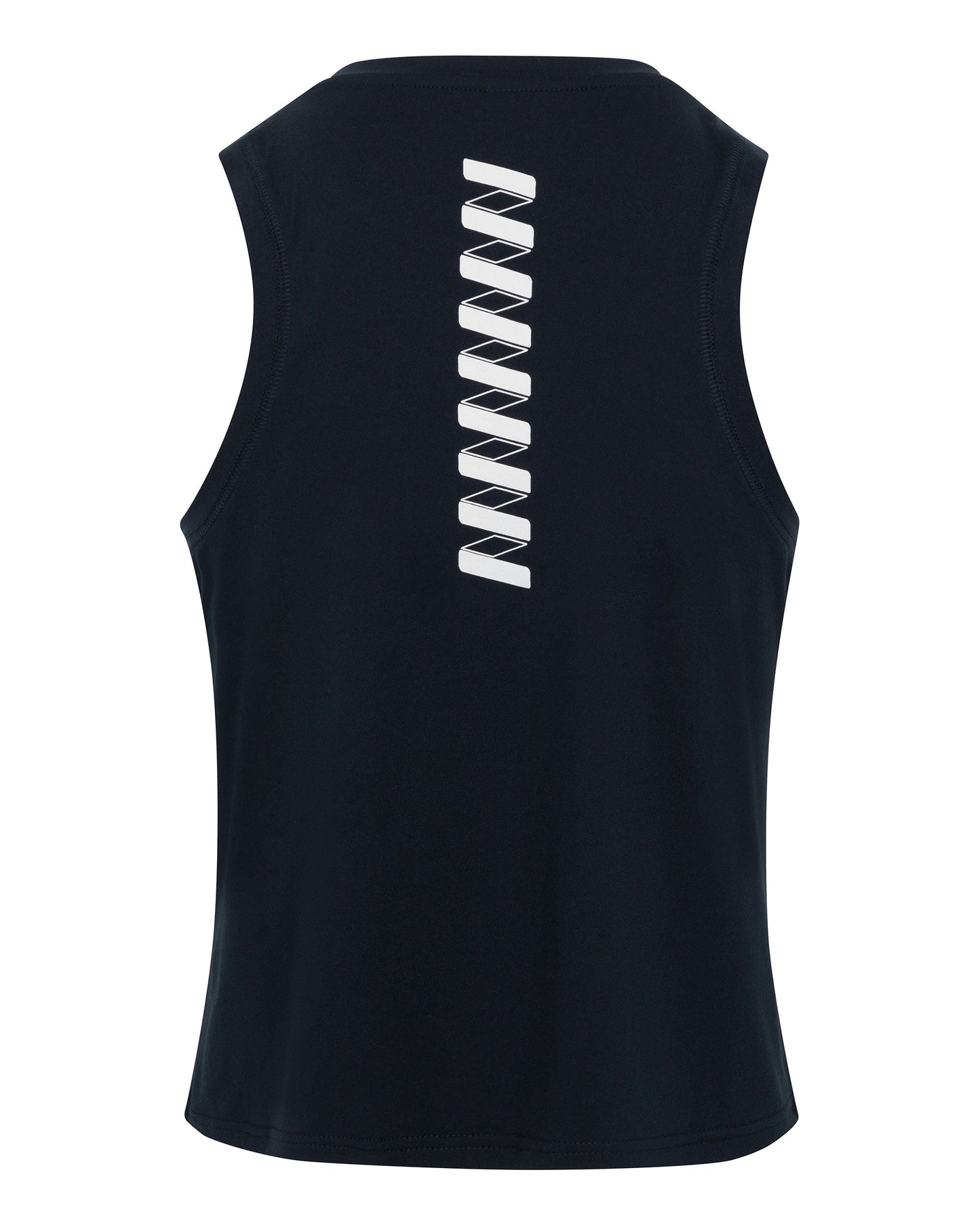 The Women's Performance Wringer Tank by Wringer Wear is shown from the back. This sleeveless black tank features breathable fabric, a straight hem, and a vertical row of white reflective diagonal stripes for a sporty touch.