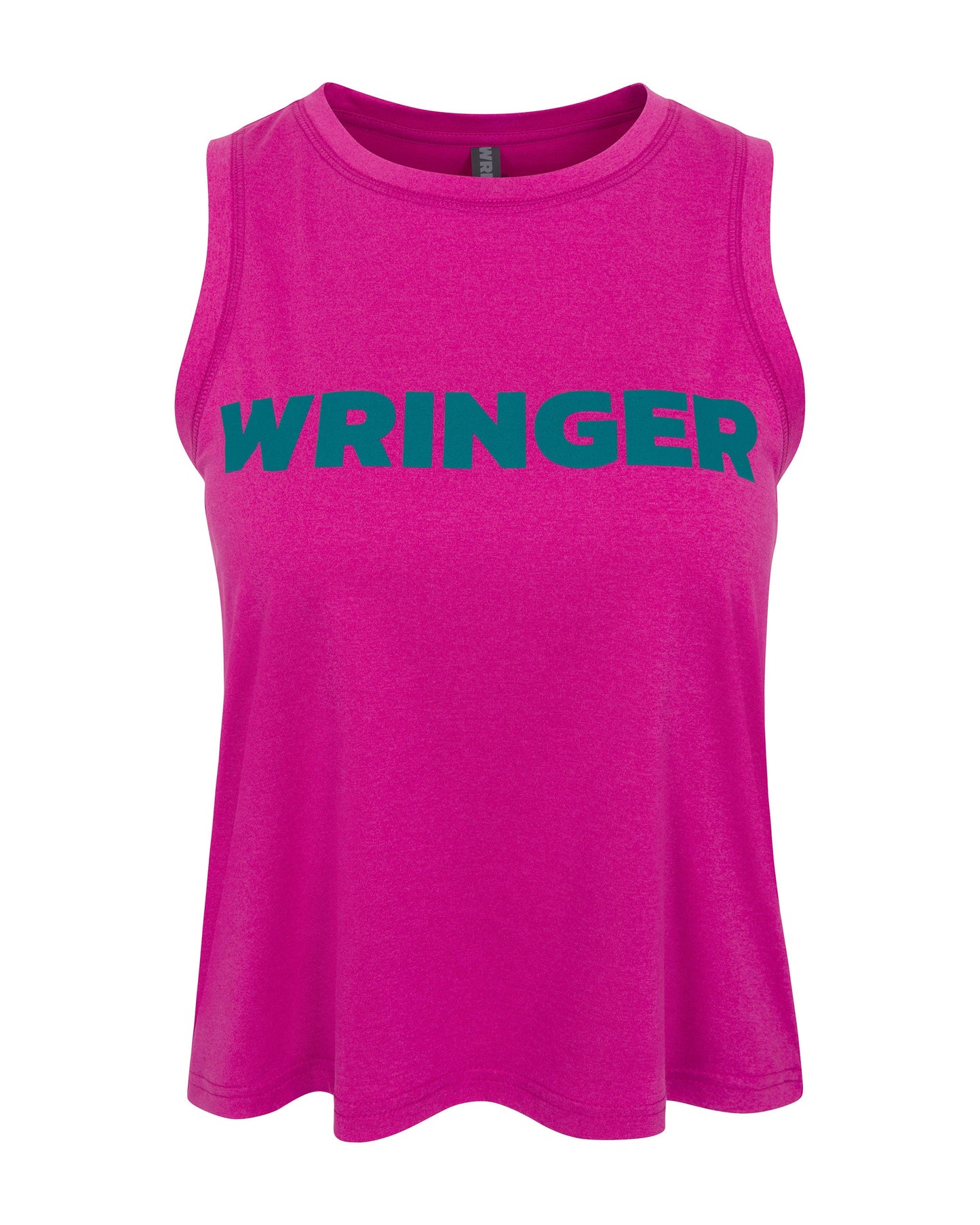 The Women's Performance Wringer Tank by Wringer Wear is a sleeveless, bright pink top with "WRINGER" in bold green across the chest. It features a round neckline, breathable fabric, and is shown on a plain white background.