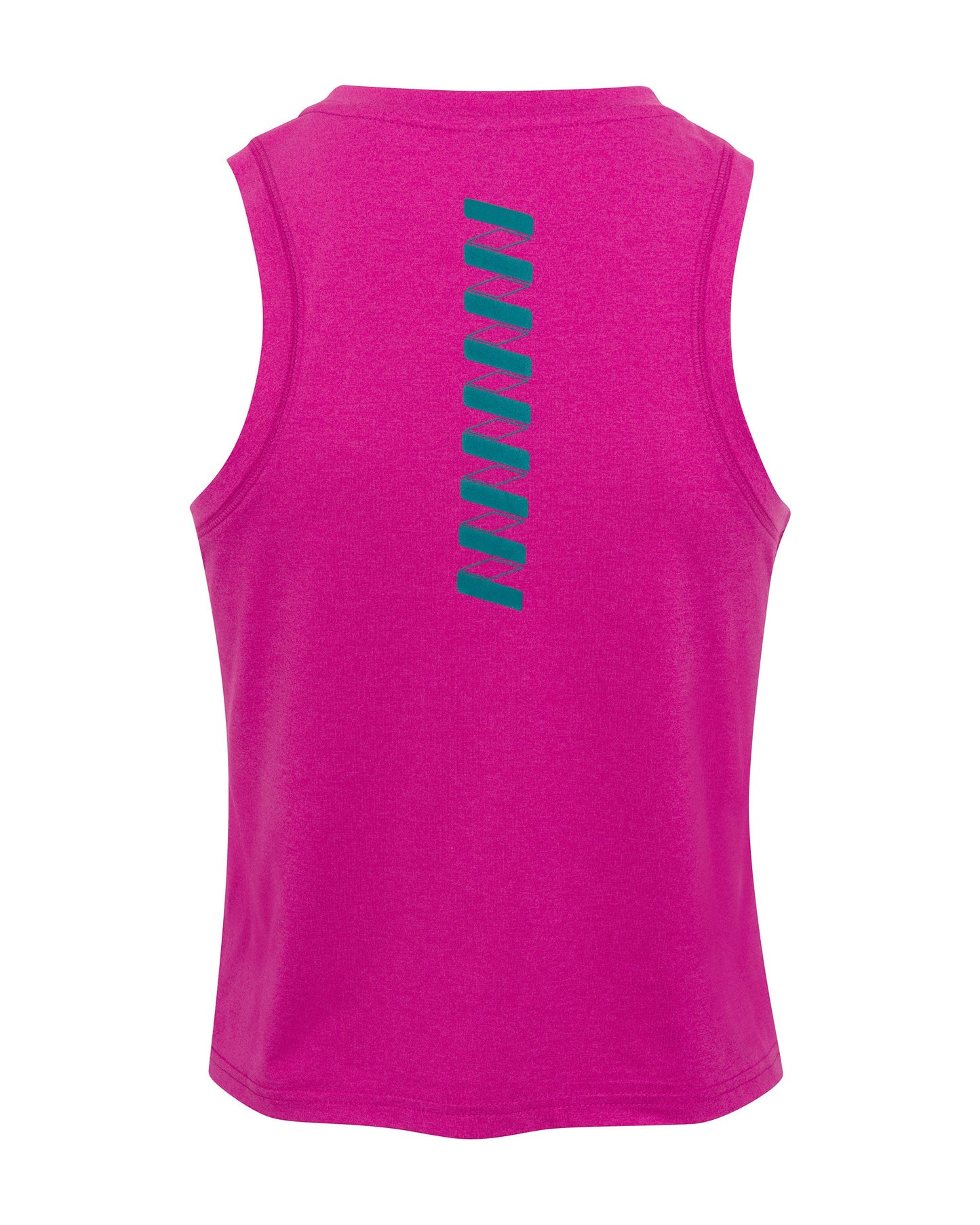The Women's Performance Wringer Tank by Wringer Wear is a sleeveless, bright magenta activewear top with short, diagonal teal stripes on the upper back. It has a slightly loose fit and is made from breathable fabric for comfort.