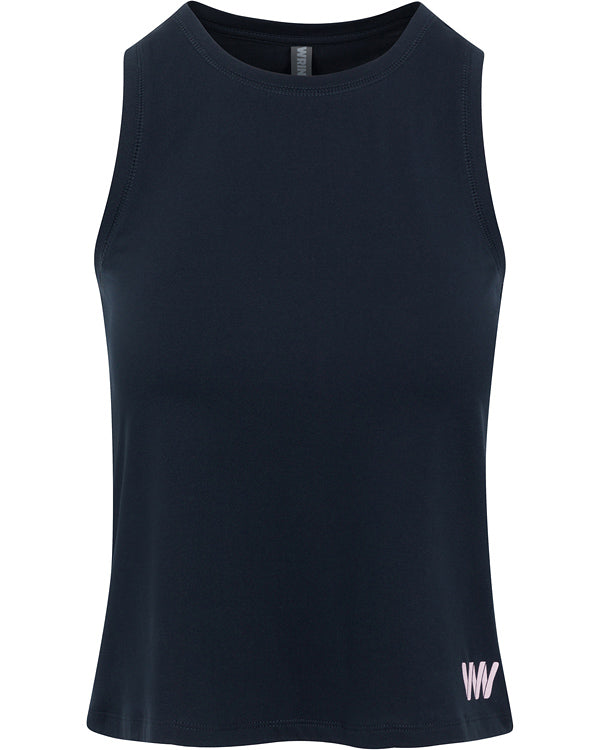 The Wringer Wear Women's Performance Logo Tank is a sleeveless, dark navy athletic top with a high neckline and light pink W logo above the hem. Its smooth, stretchy fabric keeps you cool and dry during workouts. Back view not shown.