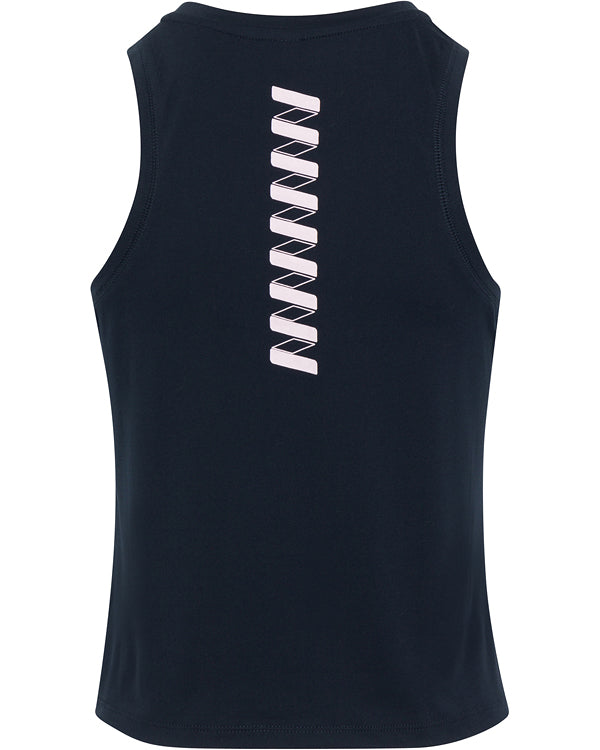 The Women's Performance Logo Tank by Wringer Wear is shown from the back in sleeveless navy, featuring pale pink zigzag stripes down the center. Wide armholes, a round neck, and smooth fabric provide classic, breathable sportswear style.