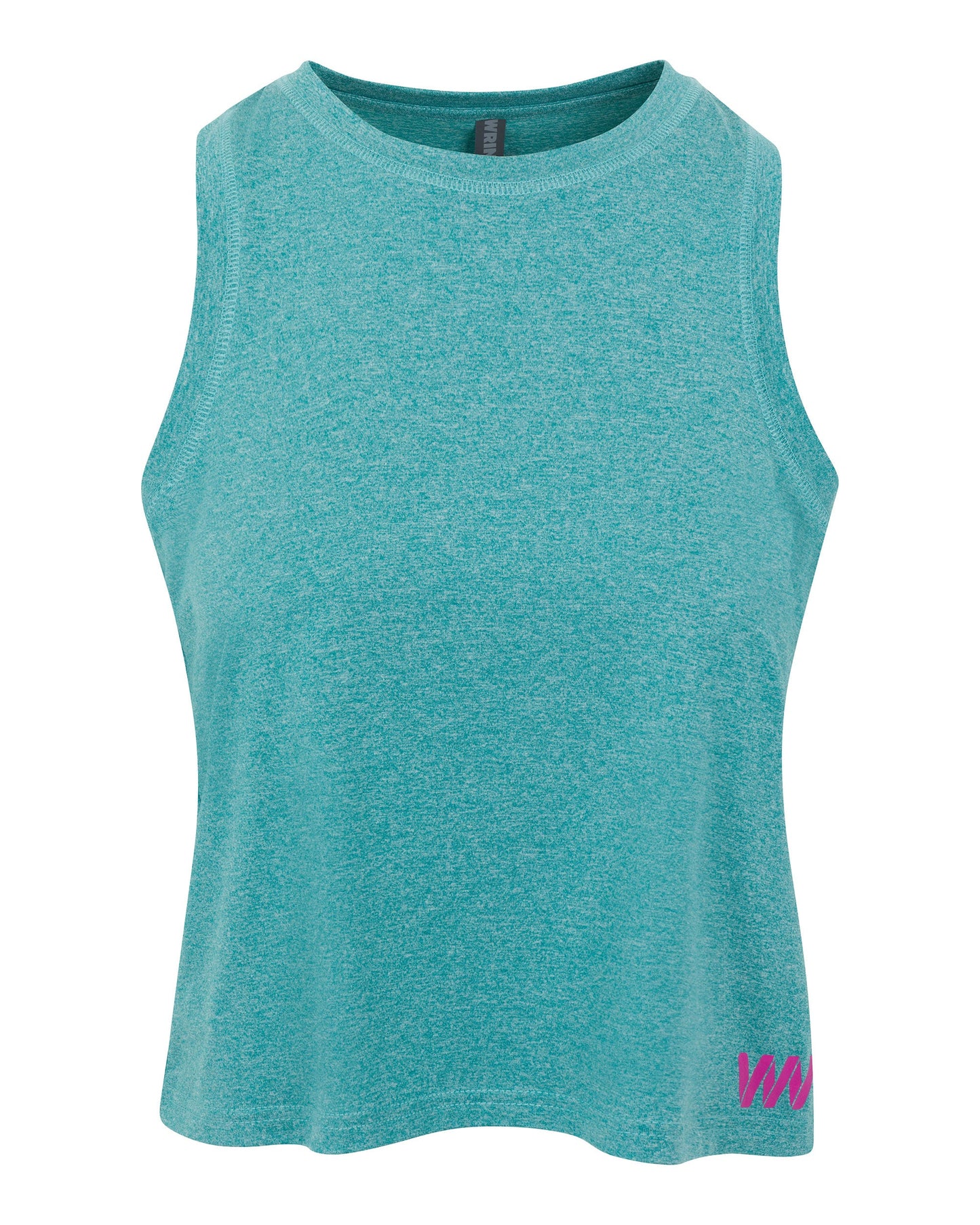 The Women's Performance Logo Tank by Wringer Wear is a sleeveless, teal-blue, slim-fit athletic top with a crew neck and heathered fabric. It features a small pink W logo on the bottom right hem and is displayed on a plain white background.