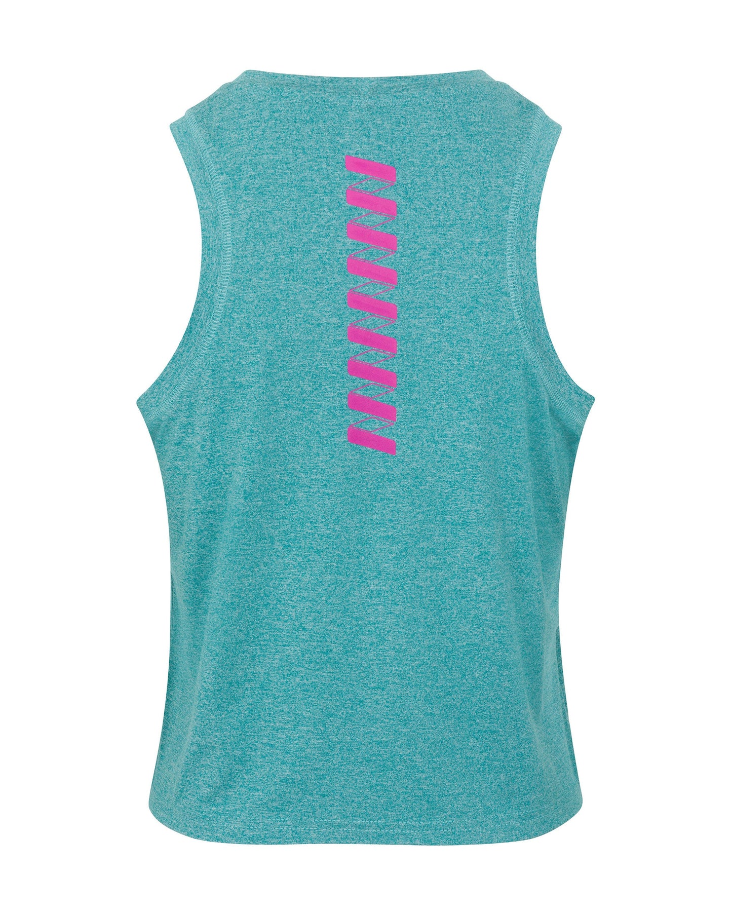 The Women's Performance Logo Tank by Wringer Wear is shown from the back in sleeveless teal. Ten short, diagonal pink lines form a ladder-like pattern down the upper center. The soft, heathered fabric offers a slim fit for sportswear lovers.