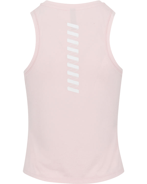 The Wringer Wear Women's Performance Logo Tank in light pink showcases a vertical row of white reflective zigzag lines on the upper back. Its soft, smooth fabric delivers comfortable, breathable sportswear for active days.