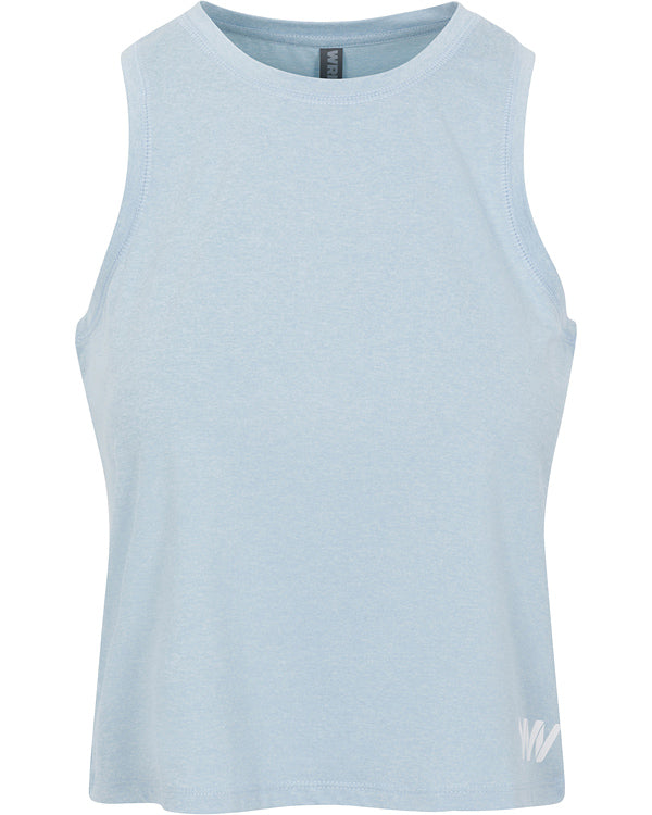 The Wringer Wear Women's Performance Logo Tank is a sleeveless, light blue, moisture-wicking athletic top with a crew neck. Its soft, breathable fabric and subtle white logo at the hem give it a simple, minimalist look.