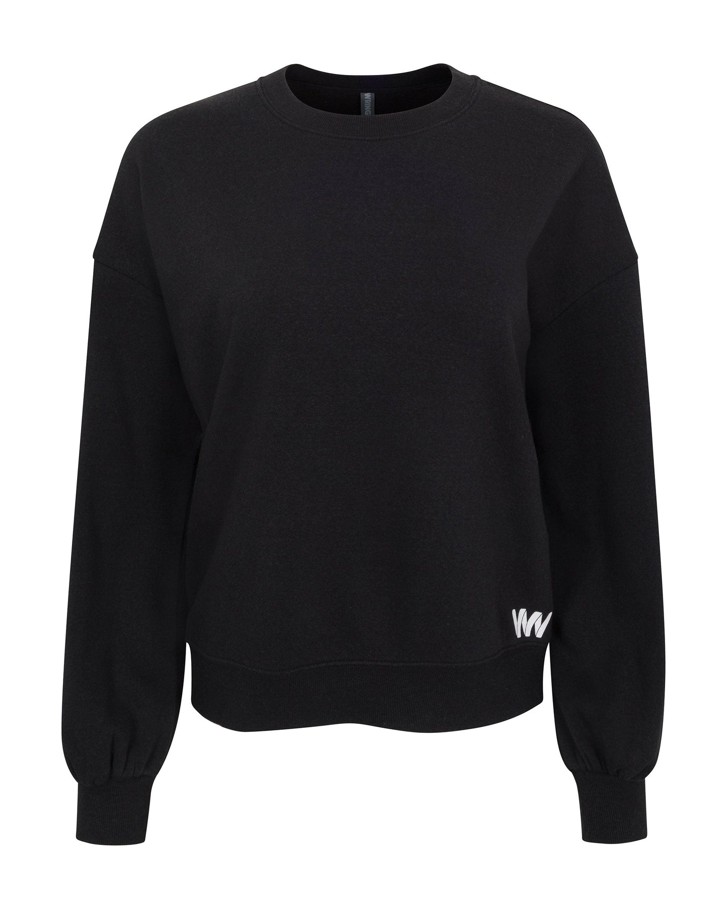 The Wringer Wear Women's Crew Neck Sweatshirt is a plain black, long-sleeve top with ribbed cuffs and a small white “W” logo by the hem. Shown on a white background, it's perfect for layering in your pickleball wardrobe.