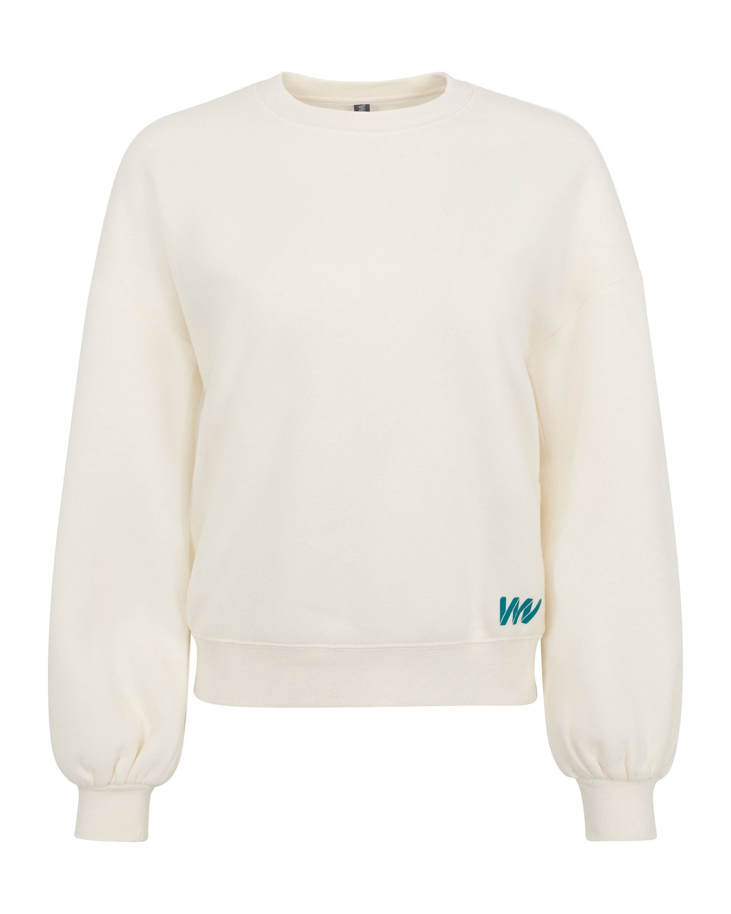 The Wringer Wear Women's Crew Neck Sweatshirt features long sleeves, ribbed cuffs, subtle blouson sleeves, a small teal W logo near the hem, and an off-white shade. Soft and slightly oversized, it’s a versatile choice for any pickleball wardrobe.