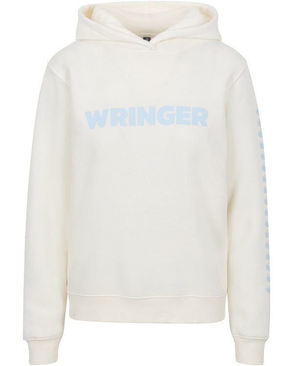 The Women's Core Wringer Graphic Hoodie by Wringer Wear is cream-colored with “WRINGER” in large light blue letters, a front pocket, ribbed cuffs and hem, breathable fabric, and a light blue graphic down the left sleeve.