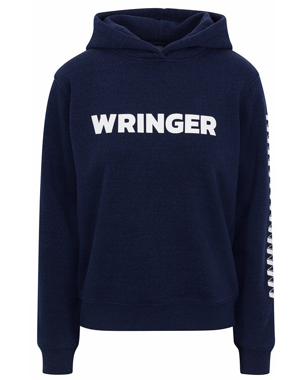 The Women’s Core Wringer Graphic Hoodie by Wringer Wear features bold white WRINGER lettering, a vertical row of triangles on the sleeve, front pocket, drawstring hood, and is made from breathable fabric for lasting comfort.