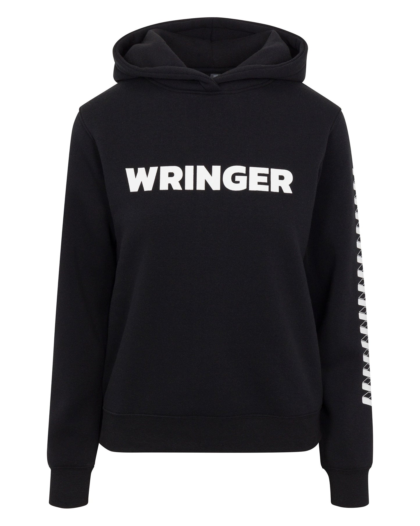 The Women's Core Wringer Graphic Hoodie by Wringer Wear is a black, breathable athletic hoodie with "WRINGER" across the chest and white triangles down the right sleeve. It features no drawstrings or front pockets.