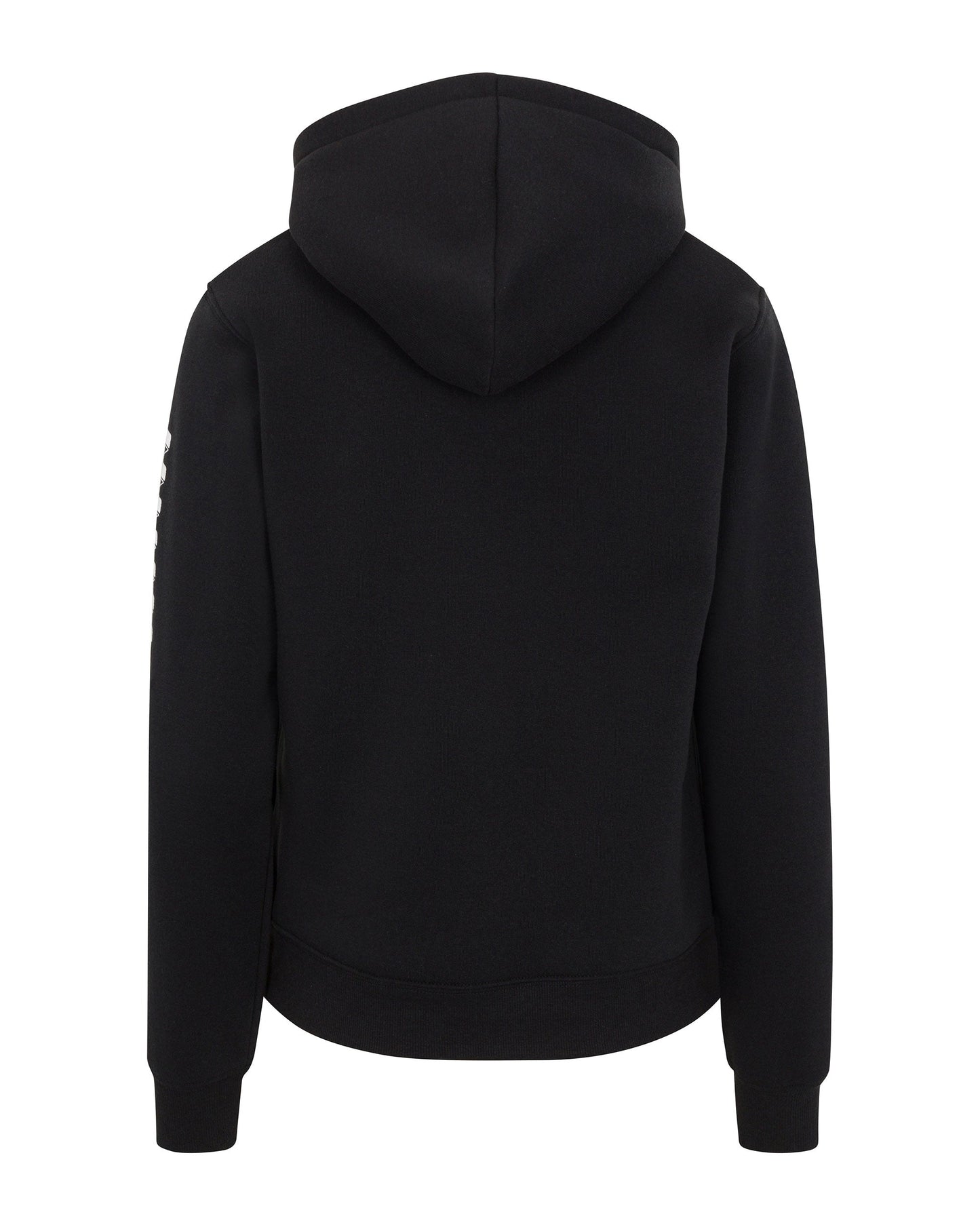 The Women's Core Wringer Graphic Hoodie by Wringer Wear is shown from the back against a white background. It features long sleeves, ribbed cuffs, breathable fabric, and a relaxed fit with no visible designs or logos on the back or hood.