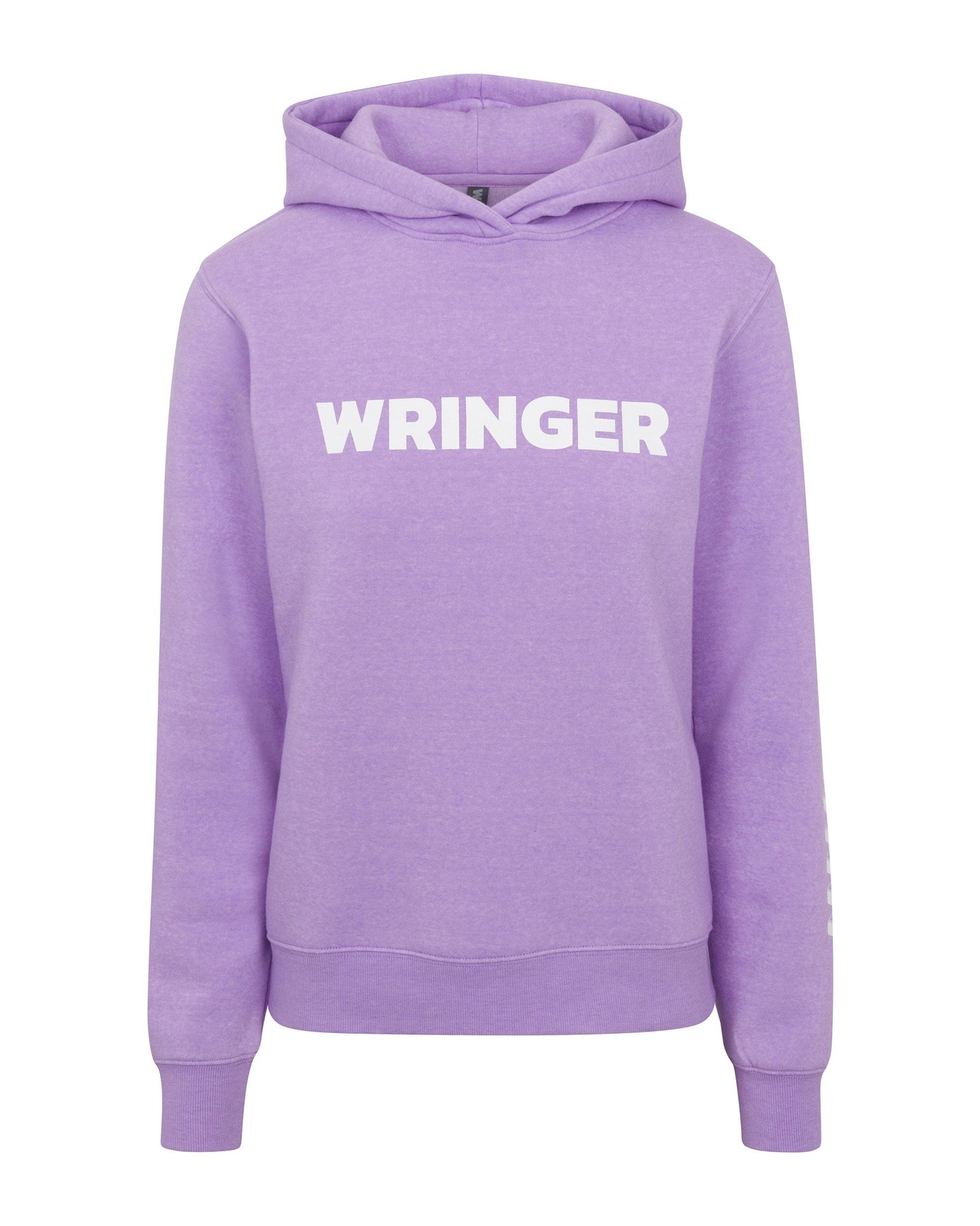 The Wringer Wear Women's Core Wringer Graphic Hoodie features a lavender color, bold white WRINGER chest graphic, athletic fit, front pocket, long sleeves, drawstring hood, and soft heathered breathable fabric for comfort.