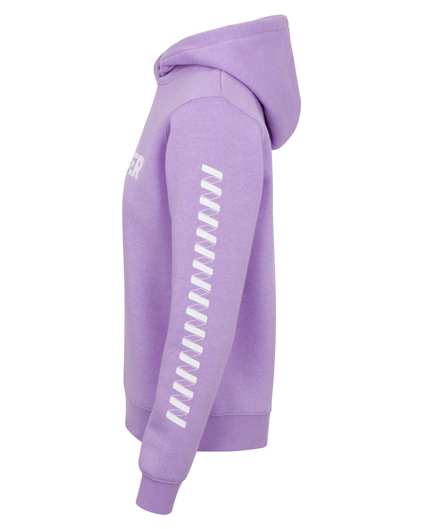 The Women's Core Wringer Graphic Hoodie by Wringer Wear features a purple design with white stripes, crafted from breathable fabric for comfort and an athletic fit.