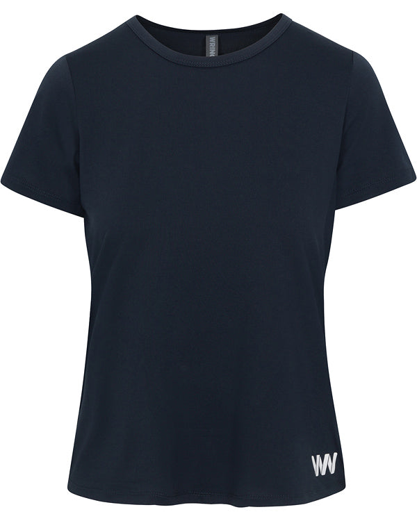 The Women’s Performance Logo T-Shirt by Wringer Wear is a navy, short-sleeved top with a round neck, crafted from breathable fabric. It features a small white WW logo near the bottom right hem for a clean, simple look.