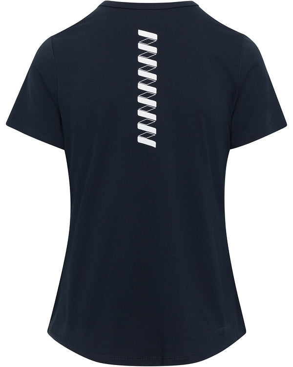 The back of the Wringer Wear Women's Performance Logo T-Shirt is shown, featuring a vertical stripe of white zigzag lines near the upper back. This plain black athletic tee has a simple, fitted cut with no other visible designs.
