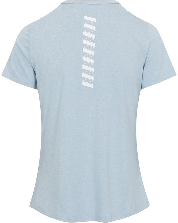 The Women's Performance Logo T-Shirt by Wringer Wear features a light blue, breathable fabric with white zigzag lines on the upper back, offering a simple, modern look and relaxed fit—perfect for active comfort.