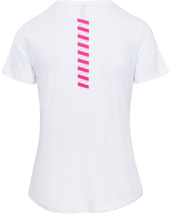 The Wringer Wear Women's Performance Logo T-Shirt in white features ten pink folded awareness ribbons in a vertical row on the upper back. Its breathable fabric offers athletic appeal and ensures all-day comfort.
