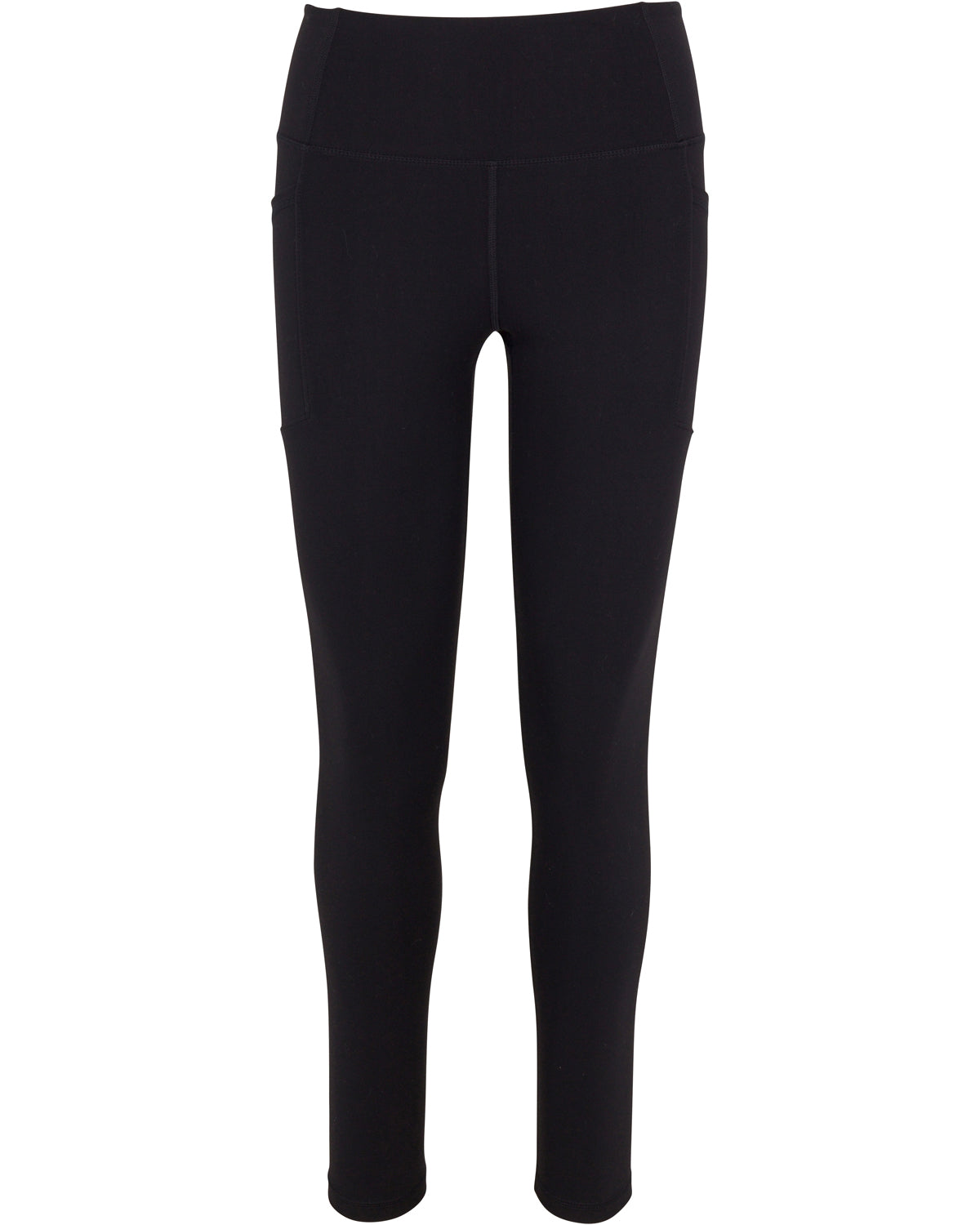 The Women’s Core Leggings by Wringer Wear are black, full-length, high-rise leggings with a smooth, fitted silhouette, flatlock seams, wide waistband for support, and visible side pockets, all in a logo-free and pattern-free design.