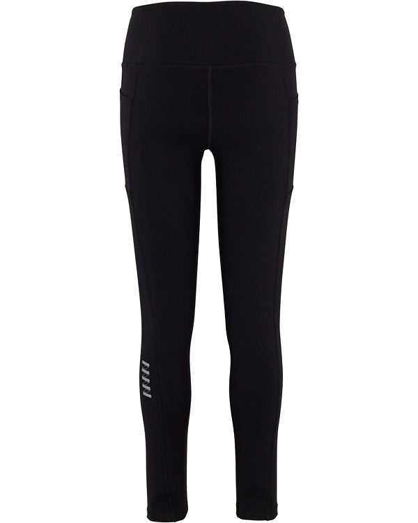 A pair of black high-rise Wringer Wear Women's Core Leggings with an elastic waistband, side seams, and side pockets. A small white MW logo appears near the left calf. The leggings are shown against a plain white background.