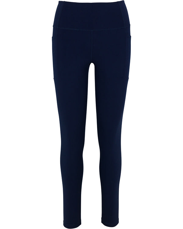 Wringer Wear Women’s Core Leggings in navy blue feature a high-waisted, fitted, seamless design with side thigh pockets. These smooth-textured leggings have no visible logos or patterns and are photographed on a white background.