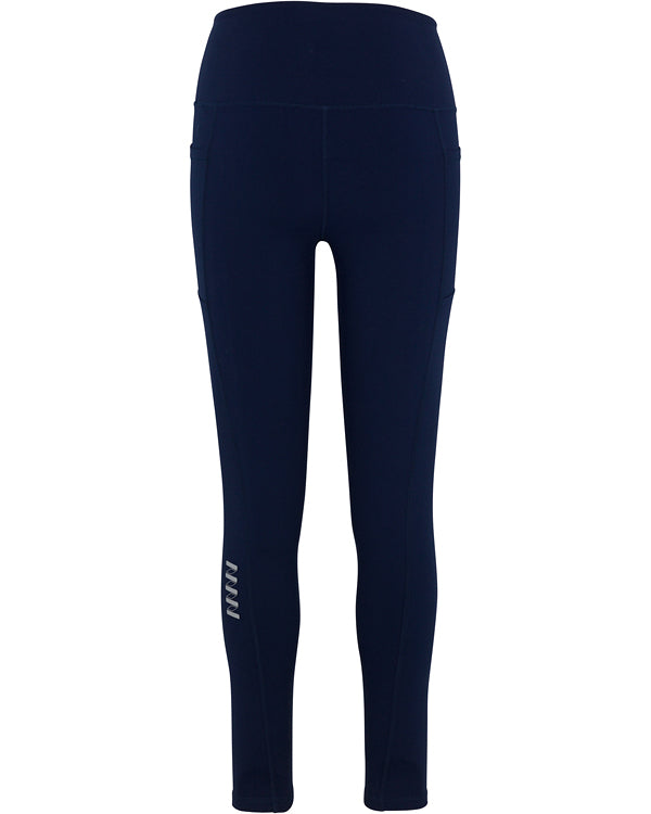 Wringer Wear Women’s Core Leggings in navy blue feature a high-rise waistband, ankle-length cut, subtle seam lines, side pockets, and a reflective MM logo on the left thigh. Shown against a white background.