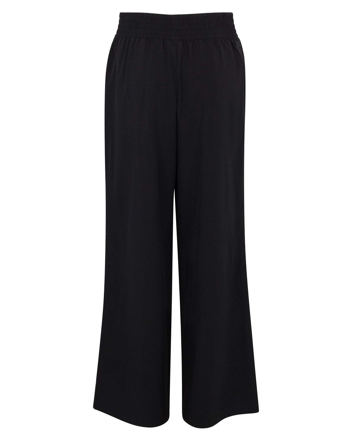 The Wringer Wear Women's Wide Leg Pant in black features lightweight hydrophobic stretch-woven fabric and an elastic waistband for versatile court-to-street style and comfort. Shown against a white background.