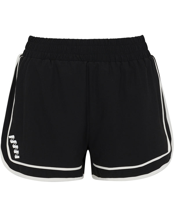 The Sierra Short by Wringer Wear features black moisture-wicking fabric, an elastic waistband, white piping, and a small white logo. Enjoy a relaxed fit for all-court performance or casual wear.