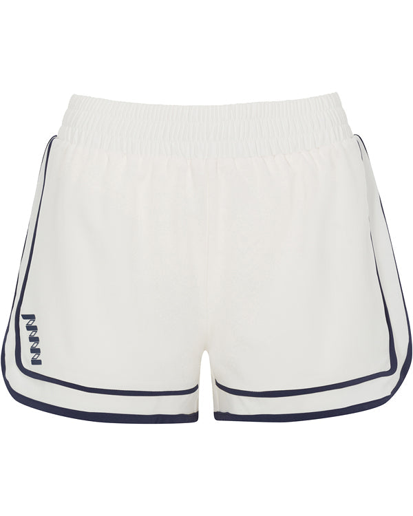 The Wringer Wear Sierra Short features an elastic waistband, navy blue piping, and a subtle navy zigzag detail. Made from moisture-wicking fabric, these white athletic shorts deliver clean style and all-court performance.