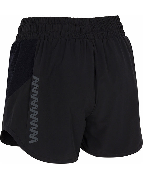 The Wringer Wear Moab Short is a pair of black athletic shorts designed for high-performance sportswear.