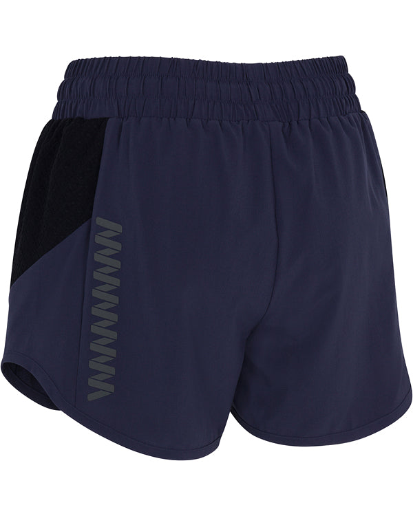 The Wringer Wear Moab Short features navy blue moisture-wicking fabric, an elastic waistband, a black mesh side panel, and reflective zigzag stripes on the left leg. Loose fit with curved hems makes it ideal for active use.