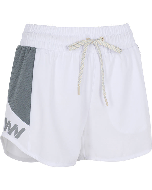 The Wringer Wear Moab Short Trail Running Shorts feature a white, lightweight design with an elastic waistband, beige drawstring, textured gray side panel with “WW” logo, moisture-wicking fabric, relaxed fit, and curved side hems.