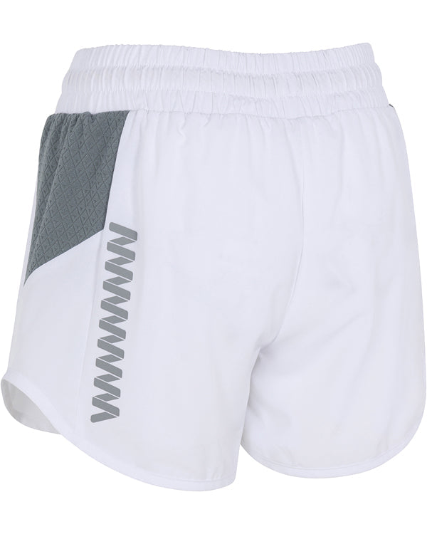 The Wringer Wear Moab Short Trail Running Shorts feature a white design with an elastic waistband, textured gray hip panel, chevron details, athletic cut, curved hem, and lightweight, moisture-wicking performance fabric.