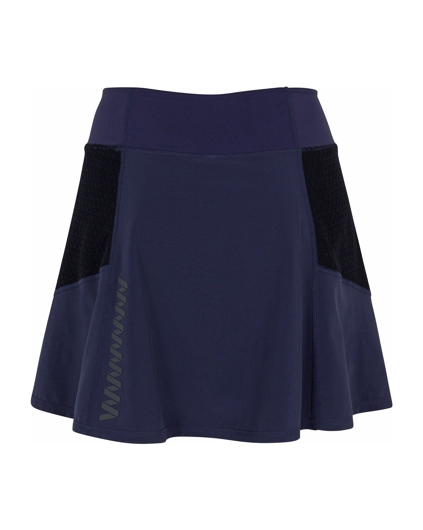The Wringer Wear Indio Skirt is a navy athletic skirt with black mesh side panels, a wide waistband, and reflective chevron detail. Made from stretchy, moisture-wicking fabric, it's perfect for active wear with its sporty flared design.
