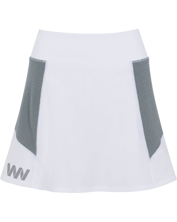 The Wringer Wear Indio Skirt showcases a white and grey design with an athletic silhouette, offering both style and comfort.
