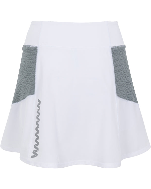 The Wringer Wear Indio Skirt features a white athletic silhouette, flared hem, grey geometric side panels, and a left-front zigzag. Made with moisture-wicking fabric and a smooth waistband for a clean, sporty finish.