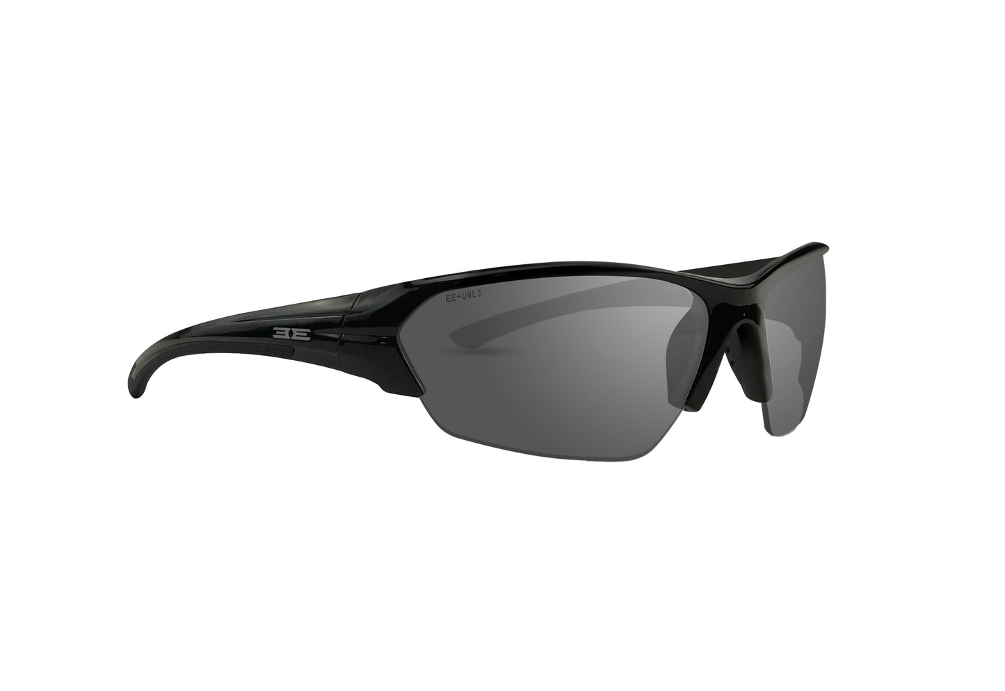 The Epoch Eyewear Wake sunglasses are sporty, stylish, and durable with a glossy black wraparound half-frame and dark semi-rimless lenses. Unisex design includes wide curved arms, a subtle temple logo, and integrated nose pads for comfort.