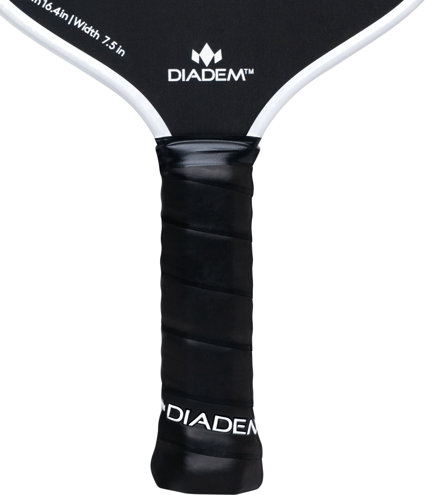 Close-up of a black Diadem Sports Warrior Edge pickleball paddle handle with black grip tape and white “DIADEM” logo. Paddle dimensions, USAPA approved mark, and etched carbon face appear above, trimmed with a white border.