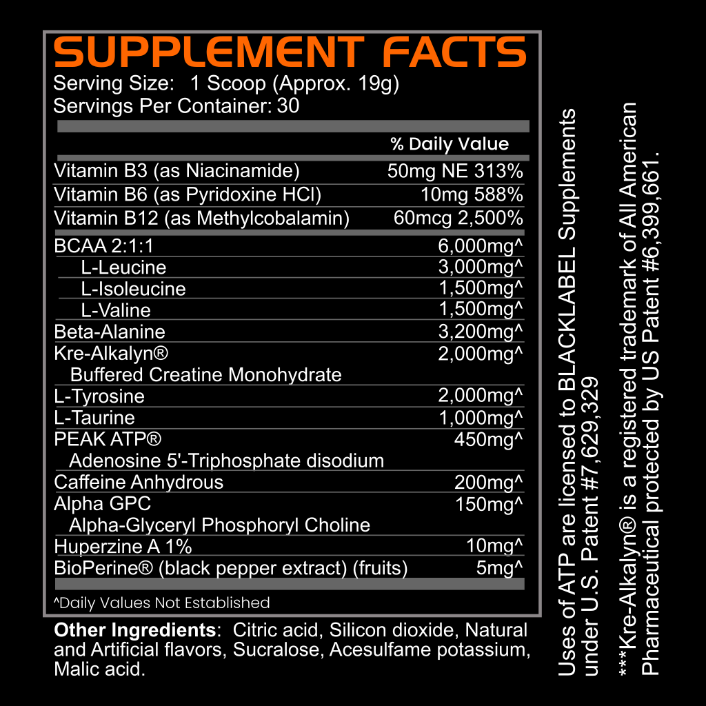 PRE HUSTLE by BLACKLABEL Supplements features a black label with orange and white text, delivering BCAAs, beta-alanine, creatine, and more. Offers a powerful pre-workout boost. Serving size: 1 scoop (19g), 30 servings per container.