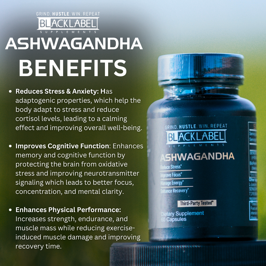 A bottle of BLACKLABEL Supplements SENSORIL® ASHWAGANDHA sits on a surface, highlighting benefits like stress reduction, better cognitive function, and boosted performance. The softly blurred green background suggests optimal absorption.