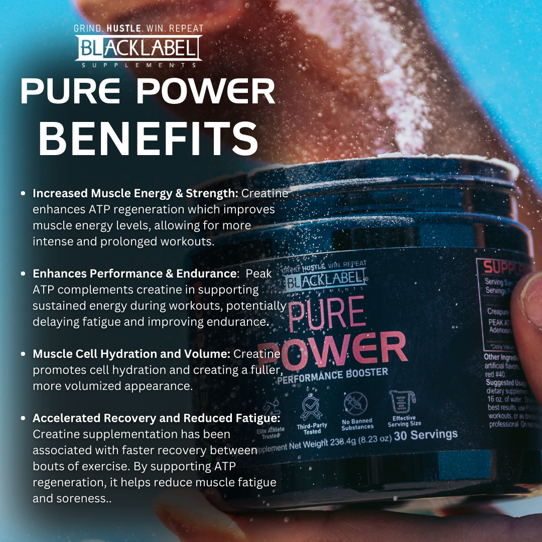 A tub of BLACKLABEL Supplements PURE POWER creatine powder sits on a surface as blue powder pours beside it. Bold white text highlights its stimulant-free formula for energy, endurance, and reduced fatigue in an athletic design.