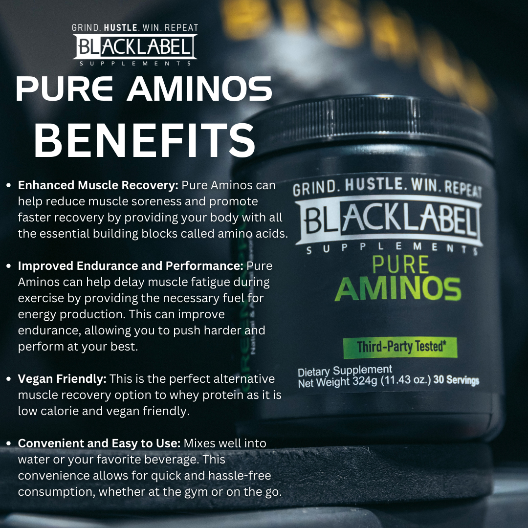 A close-up of a BLACKLABEL Supplements PURE AMINOS container with text highlighting its benefits: supports muscle recovery, provides essential amino acids for endurance, is vegan-friendly, and easy to use. The main label features white text on a black background.