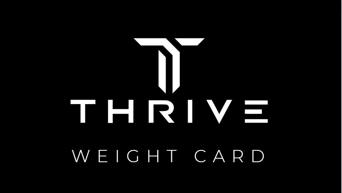 A black background displays a white stylized T logo above THRIVE in bold caps, with "WEIGHT CARD" beneath. This modern, minimalistic design reflects the premium RUSH 13 paddle by Thrive Pickleball, which includes a weight card and accessories.