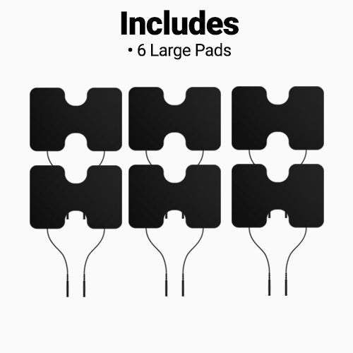 Image shows six large, rectangular black pads with cords attached at notched ends. Above, bold text reads: “Includes • 6 Large Pads.” Product: iReliev Wired Super Pads Refill Kit.
