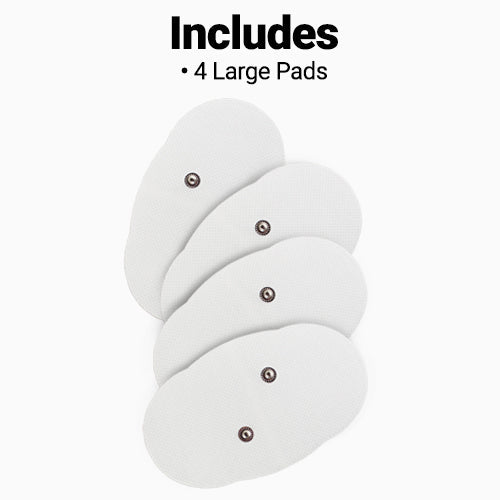 Four large, oval-shaped white iReliev Wireless Large Single Pads are arranged in an overlapping line on a white background, each featuring a central metal snap connector. Bold black text above reads: Includes • 4 Large Pads.